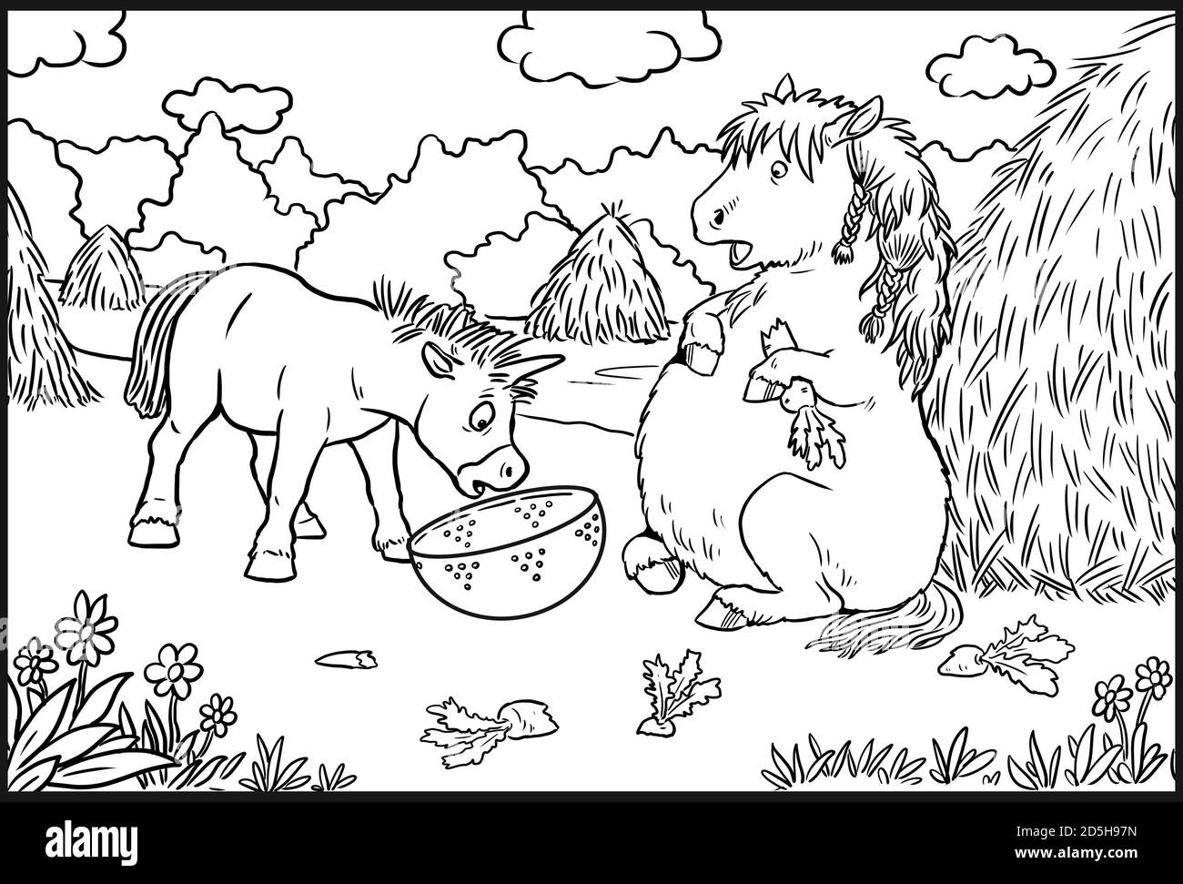 Funny unicorn and pony for coloring. Coloring page for horse lovers. Stock Photo