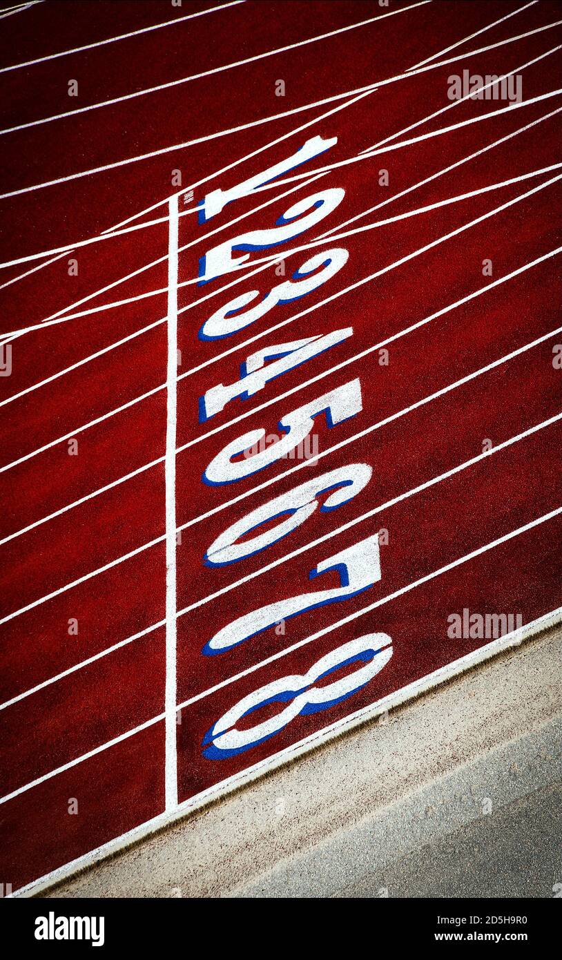 Track and Field Starting Line Numbered Race Running Track Lanes Stock