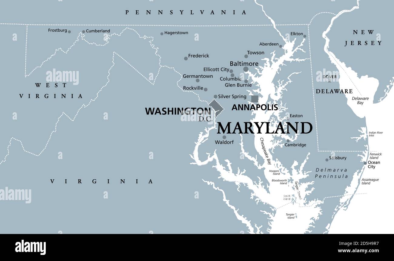Maryland, MD, gray political map. State in Mid-Atlantic region of United States of America. Capital Annapolis. Old Line State. Free State. Stock Photo