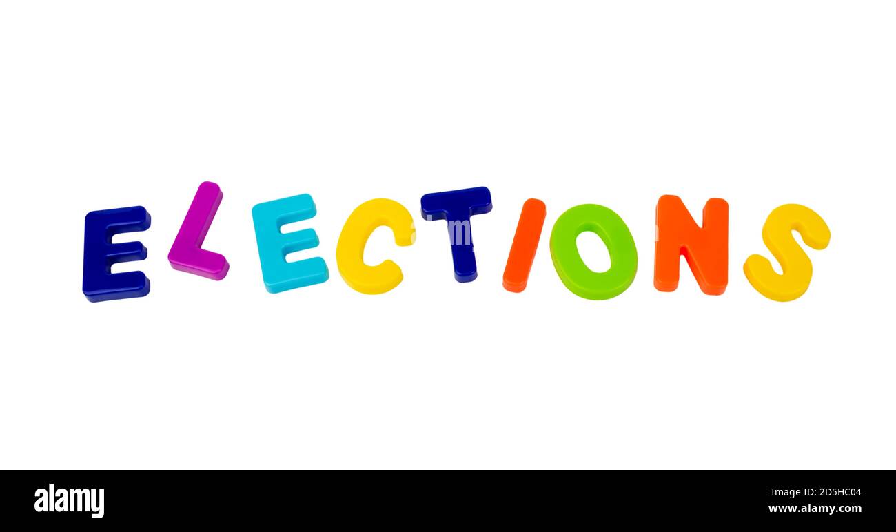 Text ELECTIONS written in plastic letters on a white background. Concept for the electoral campaign. Stock Photo