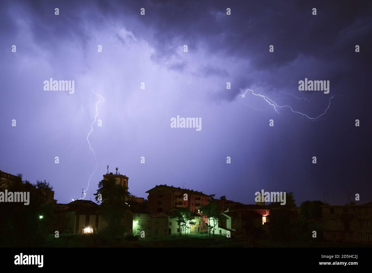 lightning storm during a winter night Stock Photo
