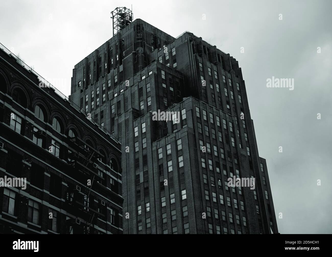 Art Deco Building, NYC. Low Angle View Skyscraper Photograph in Black and White Stock Photo