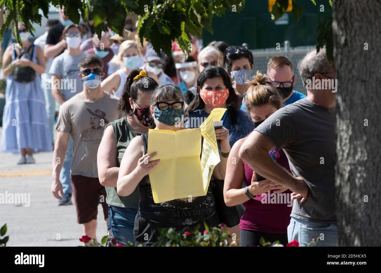 Austin, TX USA, October 13, 2020 Ellen Chatterton of Austin checks a