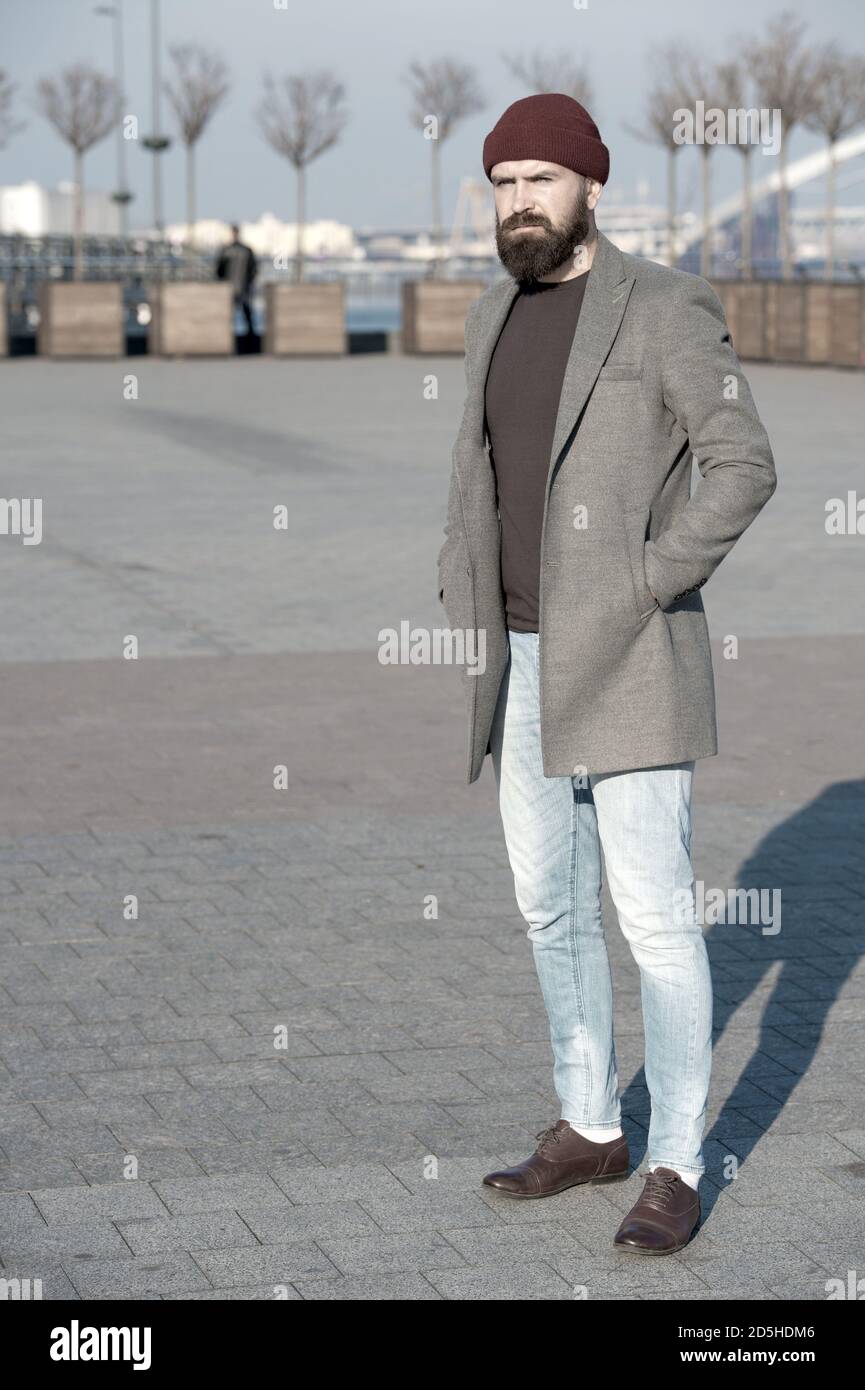Masculine casual outfit. Hipster outfit. Stylish casual outfit for fall and  winter season. Menswear and male fashion concept. Man bearded hipster  stylish fashionable coat. Comfortable and cool Stock Photo - Alamy