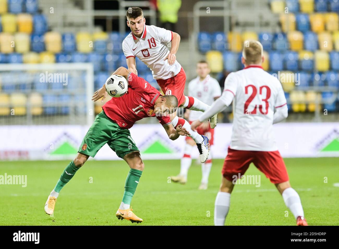 Zdravko Dimitrof of Bulgaria (L) and Karol Fila of Poland (R) are seen in  action during football U-21 European Championships 2021 Qualifiers match  between Poland and Bulgaria at the City Stadium in