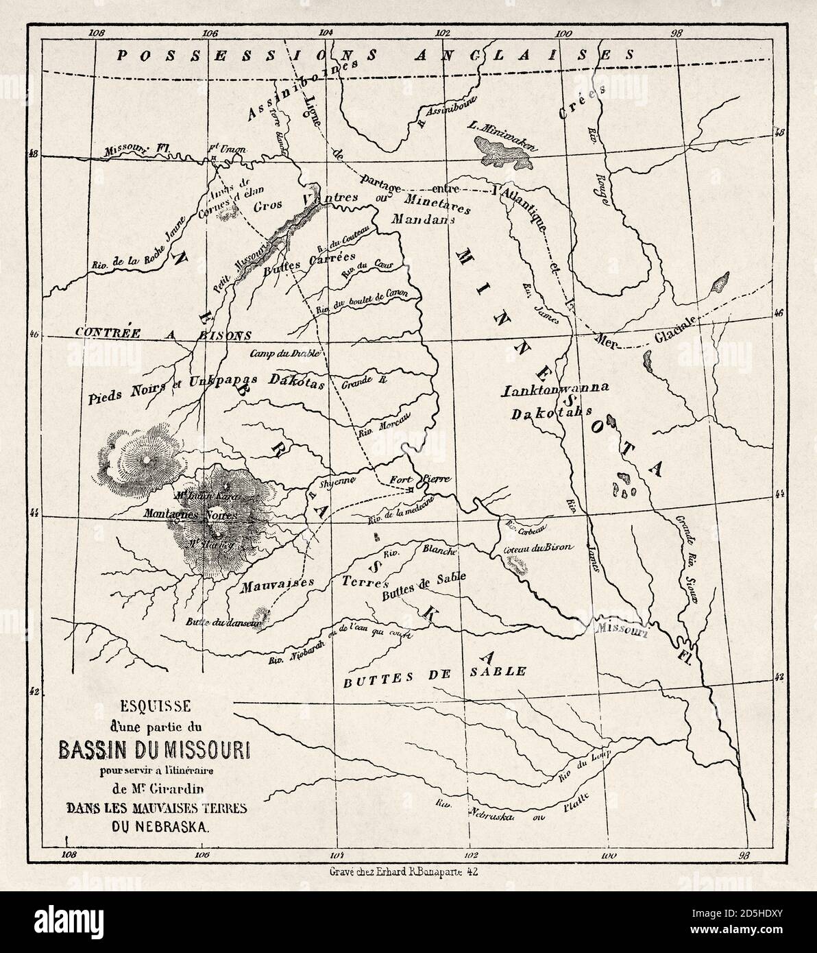 Old map of part of Missouri basin in Nebraska, USA. Old XIX century engraved from Trip to Nebraska Le Tour du Monde 1864 Stock Photo