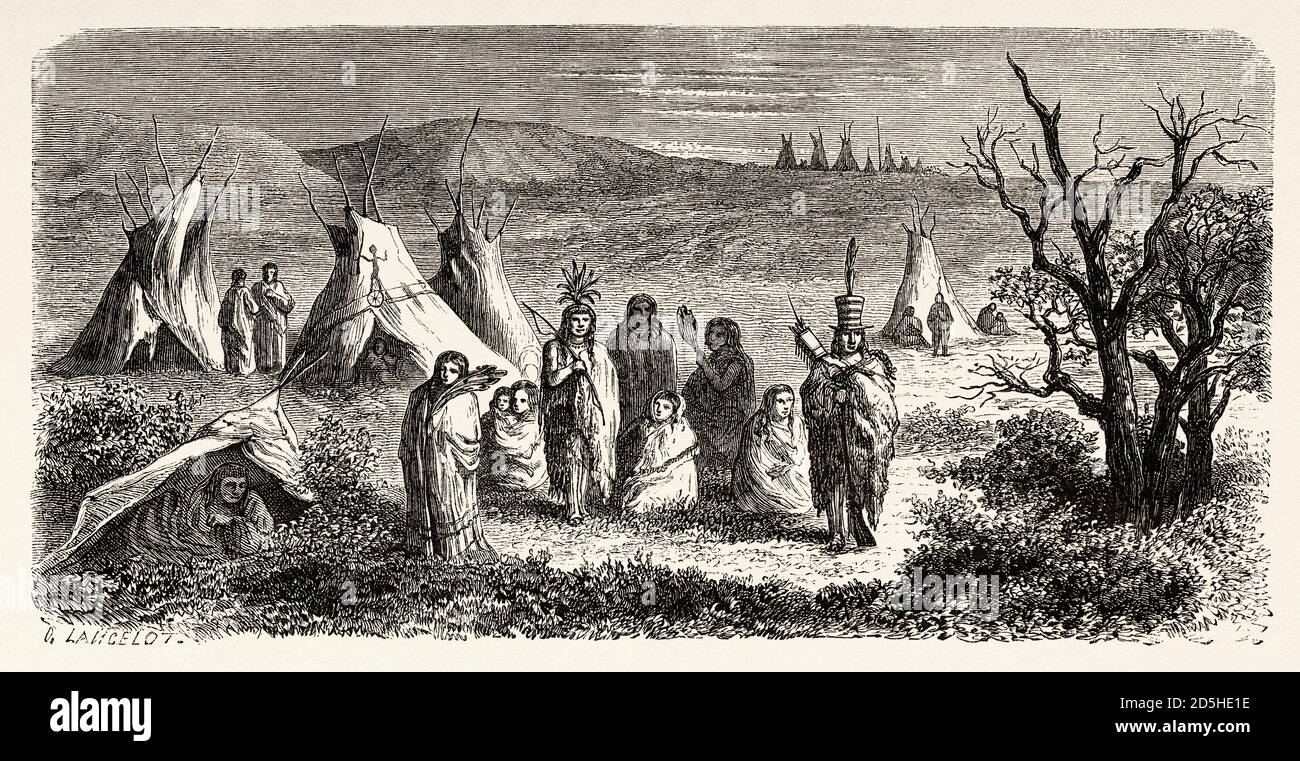 Camp of Sioux Indians, Nebraska, USA. Old XIX century engraved from Trip to Nebraska Le Tour du Monde 1864 Stock Photo