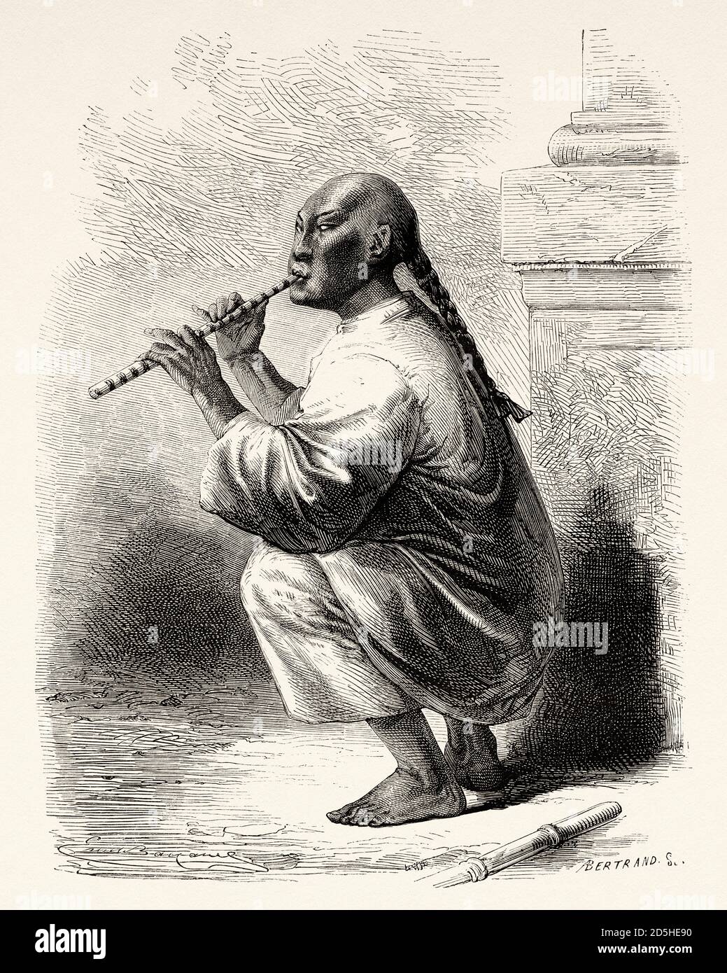 The blind consulate playing the flute, China. Old XIX century engraved  Journey from Shanghai to Moscow Le Tour du Monde 1864 Stock Photo - Alamy