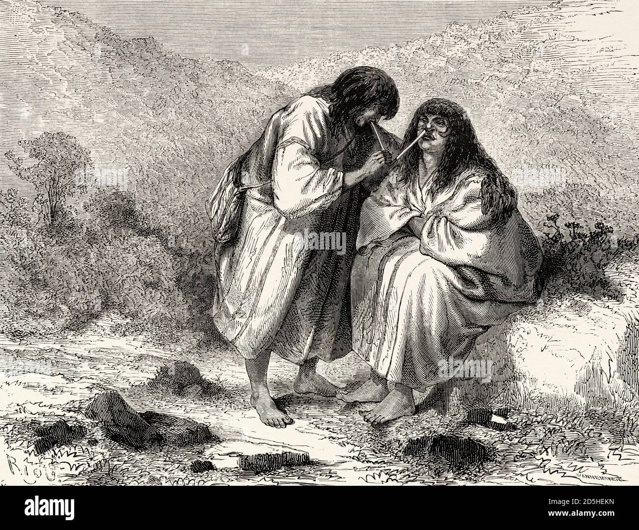 tobacco sniffing Peruvian nativus of the Antis tribe sniffing tobacco, Peru, South America.  Old XIX century engraved from Le Tour du Monde 1864 Stock Photo