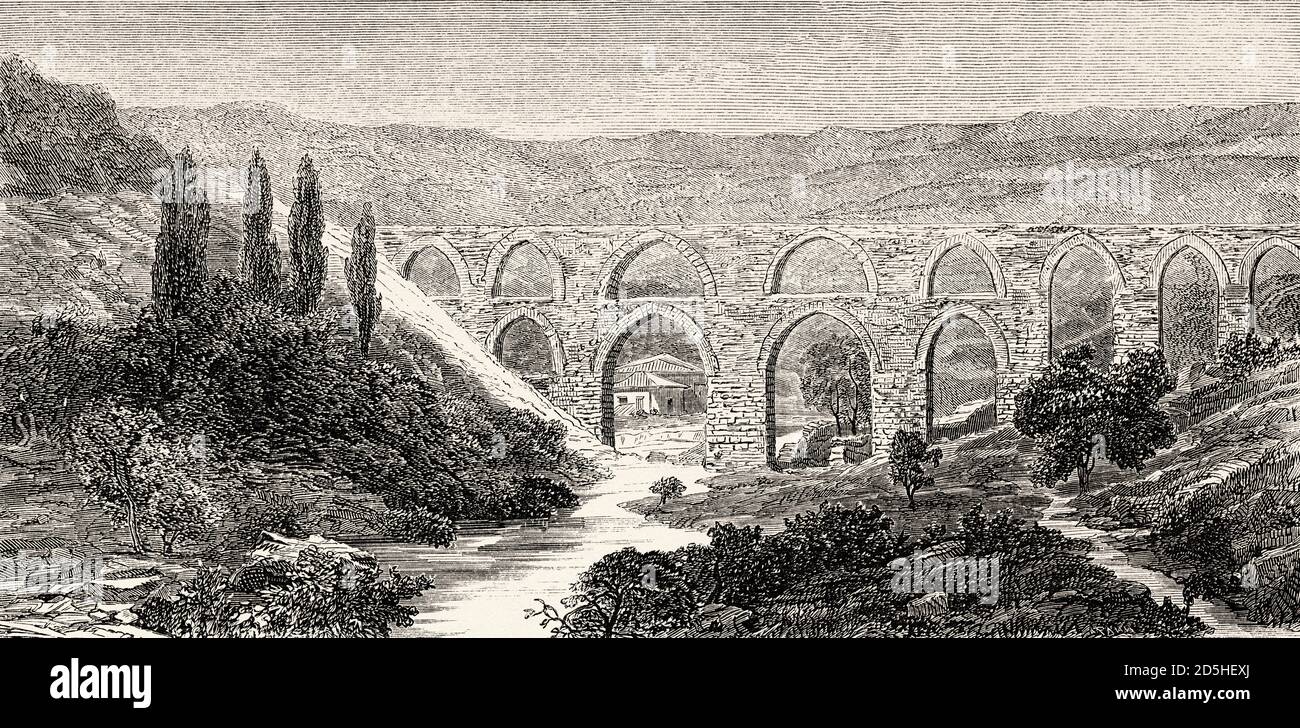 Aqueduct over Meles river near Smyrne, Turkey. Old XIX century engraved from Le Tour du Monde 1864 Stock Photo