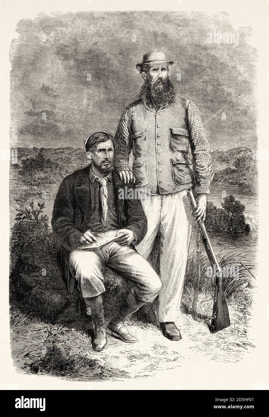 Portrait of Captain Grant and Captain Speke exploring the African continent, Africa. Old XIX century engraved from Le Tour du Monde 1864 Stock Photo
