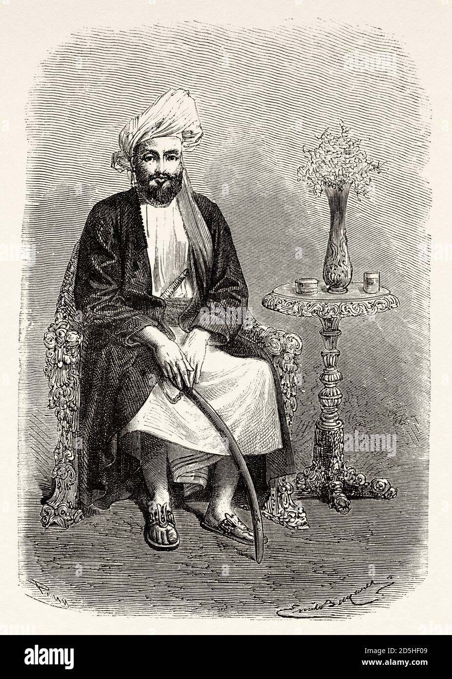 Portrait of Sayyid Majid, first Sultan of Zanzibar, Africa. Old XIX century engraved from Le Tour du Monde 1864 Stock Photo