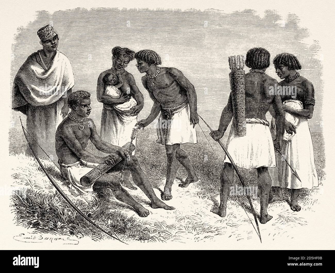 Ouzaramo region natives, Tanzania, Africa. Old XIX century engraved from Le Tour du Monde 1864 Stock Photo