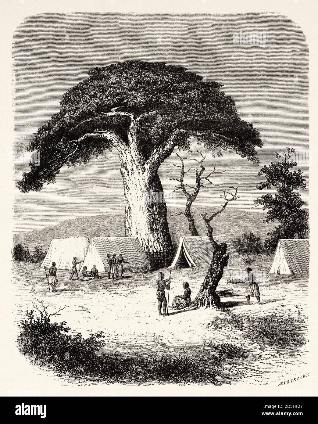 Ougogo encampment during Captain Speke expedition towards Nile river source, Tanzania, Africa. Old XIX century engraved from Le Tour du Monde 1864 Stock Photo