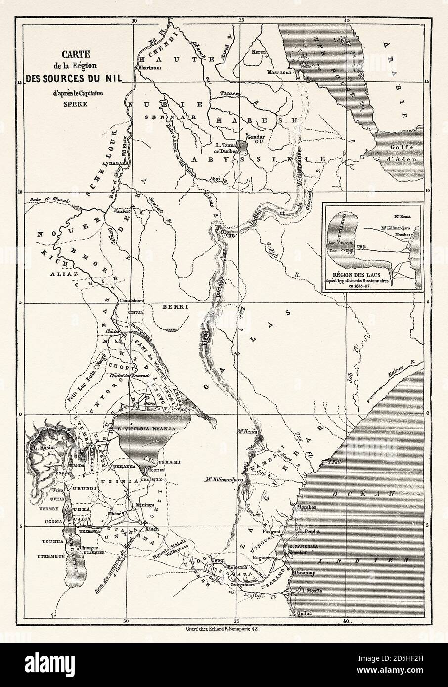 Old map of Nile sources region, Africa. Old XIX century engraved from Le Tour du Monde 1864 Stock Photo
