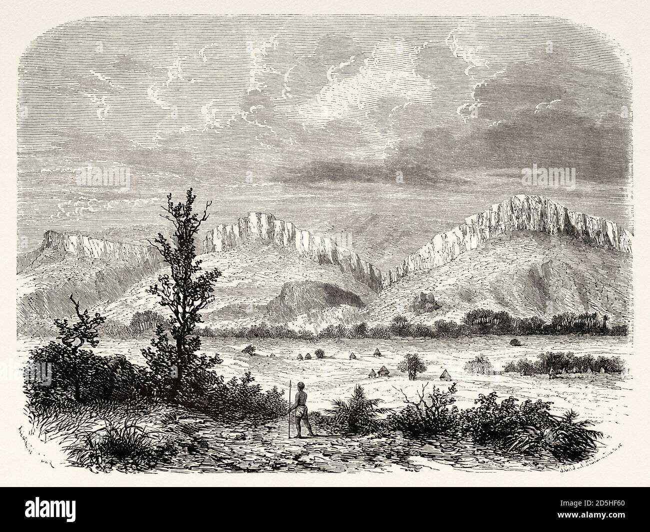 Outhoungu valley, southern Sudan, Africa. Old XIX century engraved from Le Tour du Monde 1864 Stock Photo