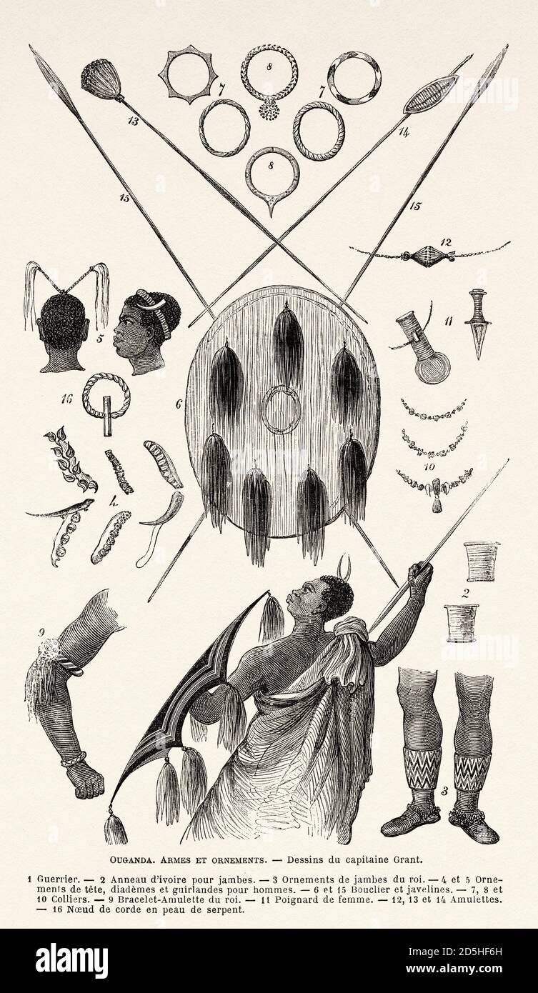 Weapons and ornaments typical of the tribes of Ouganda, Africa. Old XIX century engraved from Le Tour du Monde 1864 Stock Photo