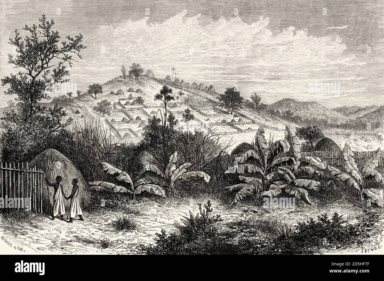 Old view of Kiboga, Uganda, Africa. Old XIX century engraved from Le Tour du Monde 1864 Stock Photo