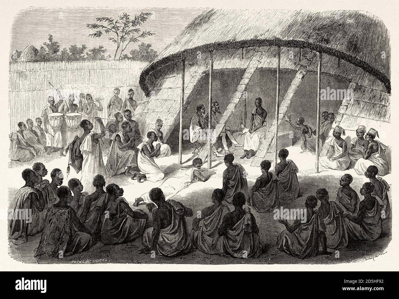 King Mutesa's reception, Africa. Old XIX century engraved from Le Tour du Monde 1864 Stock Photo