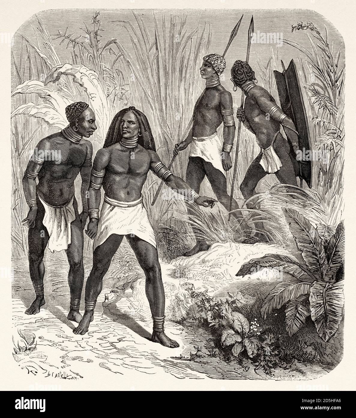 Native Africans near Kidi, southern Sudan, Africa. Old XIX century engraved from Le Tour du Monde 1864 Stock Photo