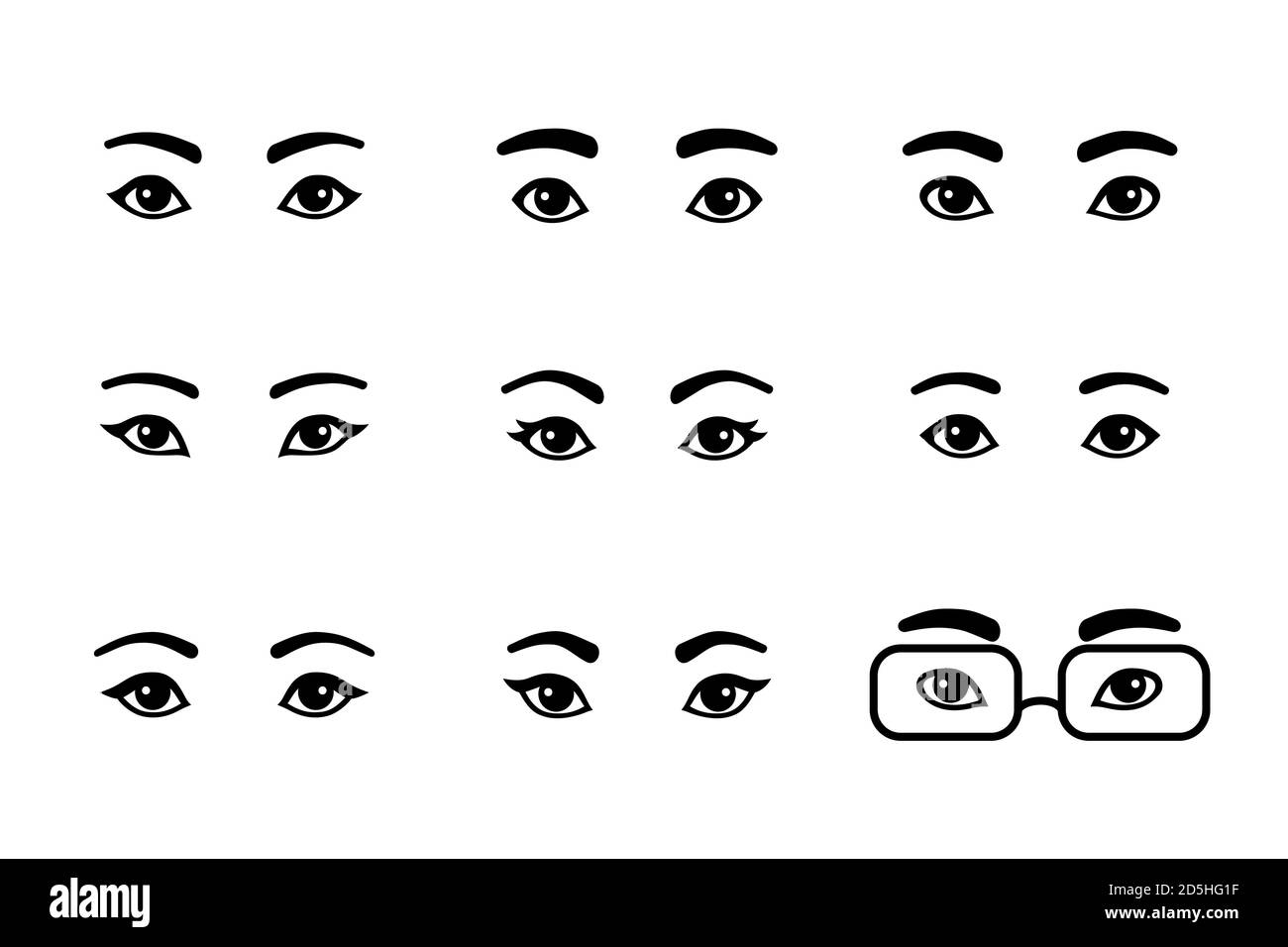 Black and white set of different male and female eyes. Asian, European, African cartoon simple pairs of eyes with eyebrows, shape variations, men and Stock Vector