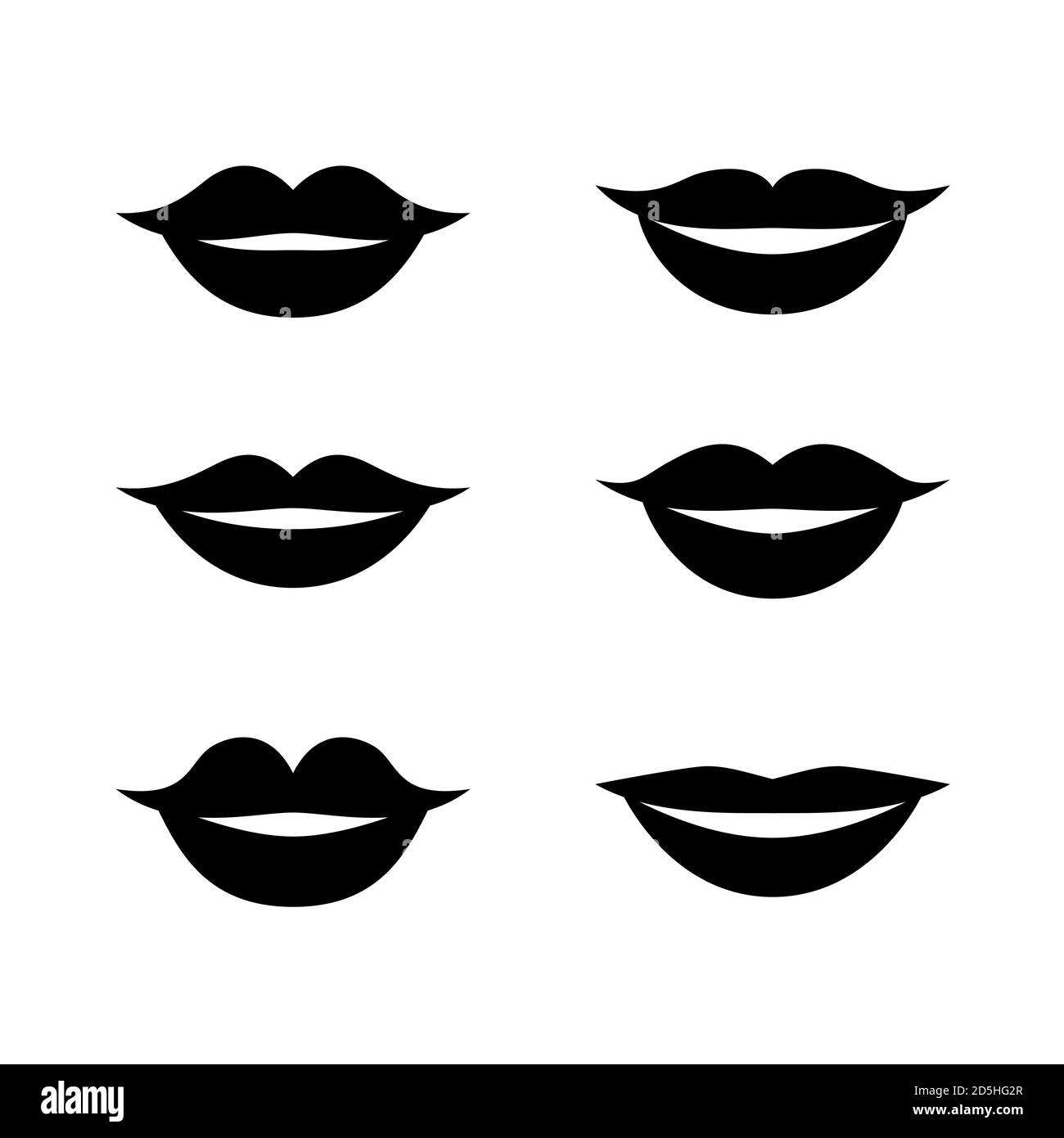 Black and white set of different male and female happy lips. Asian, European, African cartoon simple mouths, shape variations of smiles. Vector illust Stock Vector