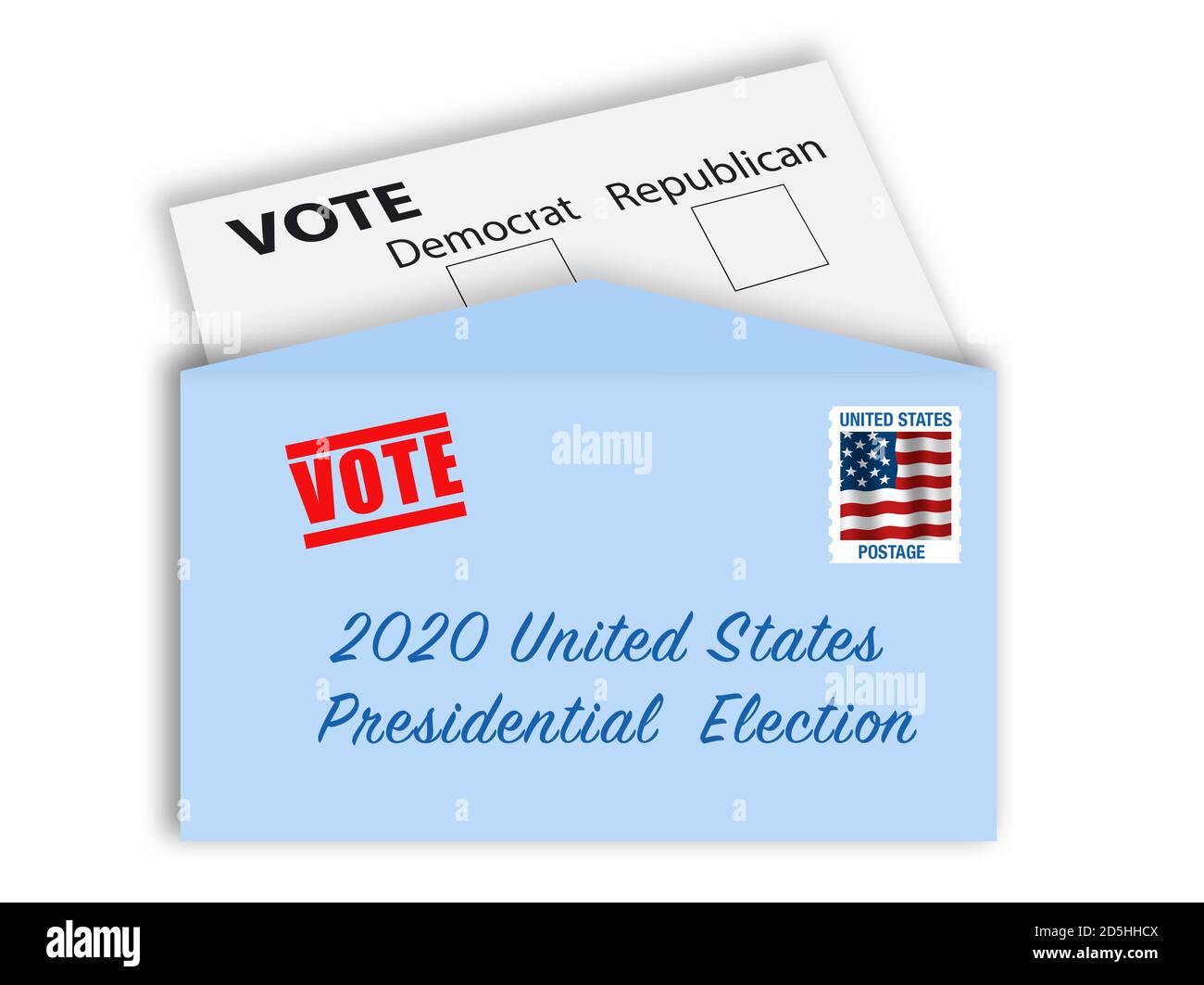 Voting by letter concept - envelope with stamp, address, and voting card with check boxes of the Democratic and the Republican Party. Fold, sign, and Stock Photo