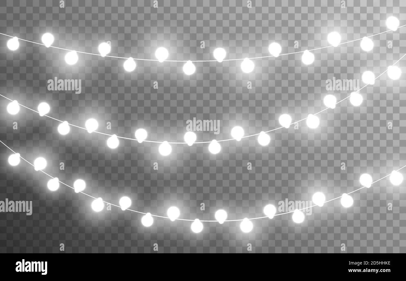 Christmas lights silver on transparent backdrop. Realistic glowing garlands. White Xmas decoration. Luminous bulbs for poster, greeting card. Vector Stock Vector