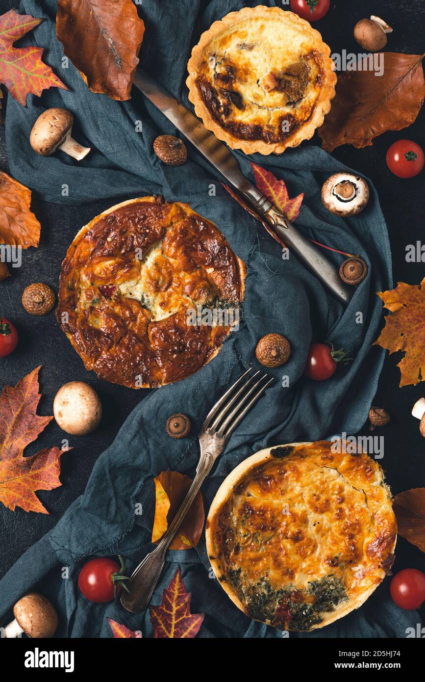 Still life with homemade pies quiche lorraine, autumn dry leaves, dark