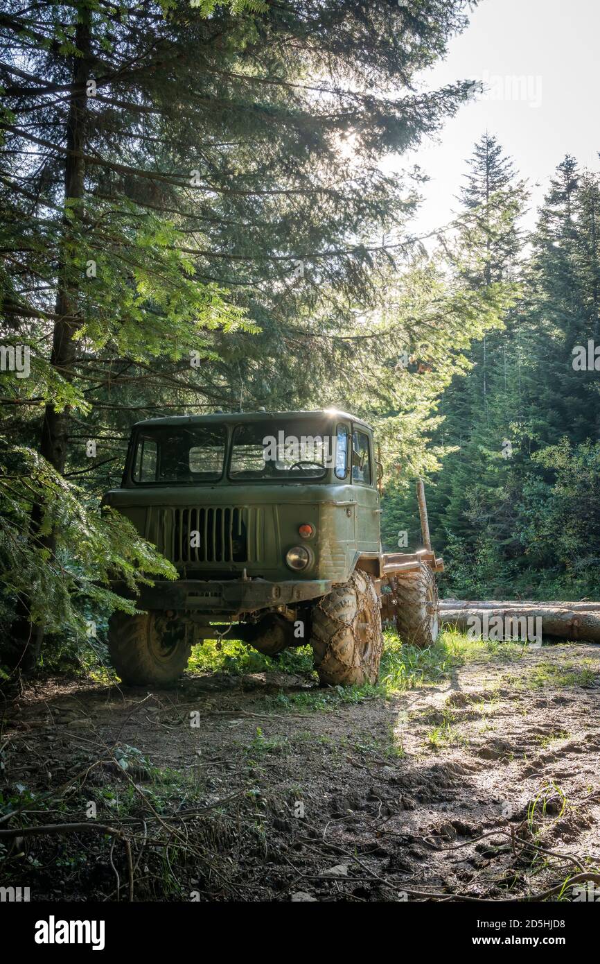 Old GAZ-66 4x4 Soviet all-road military truck for forest work. Bieszczady  mountains, Poland, Europe Stock Photo - Alamy