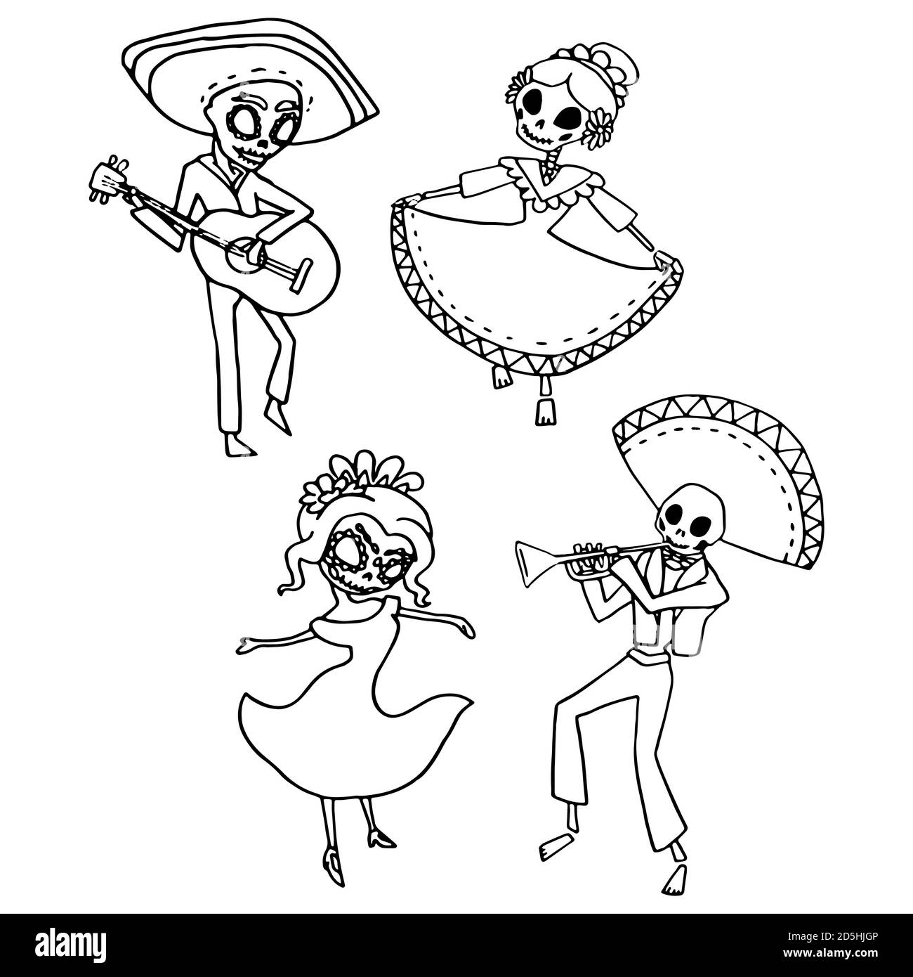 Mexican musical band on white isolated backdrop Day of the dead symbol for invitation or gift card, notebook, bath tile, scrapbook Phone case or cloth Stock Vector