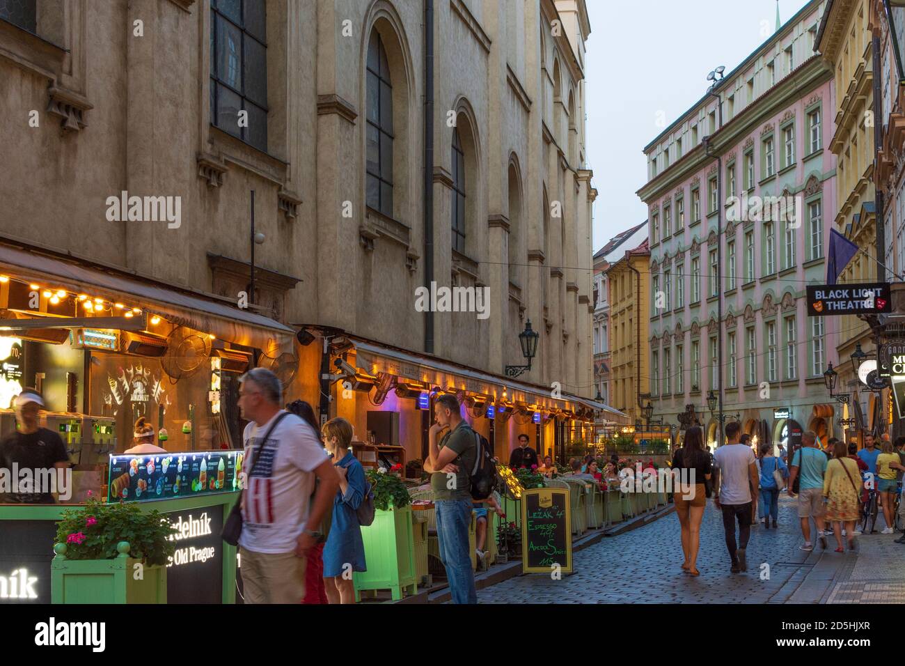 Praha: street Karlova, outdoor restaurant in Stare Mesto, Old Town, Praha, Prag, Prague, Czech Stock Photo