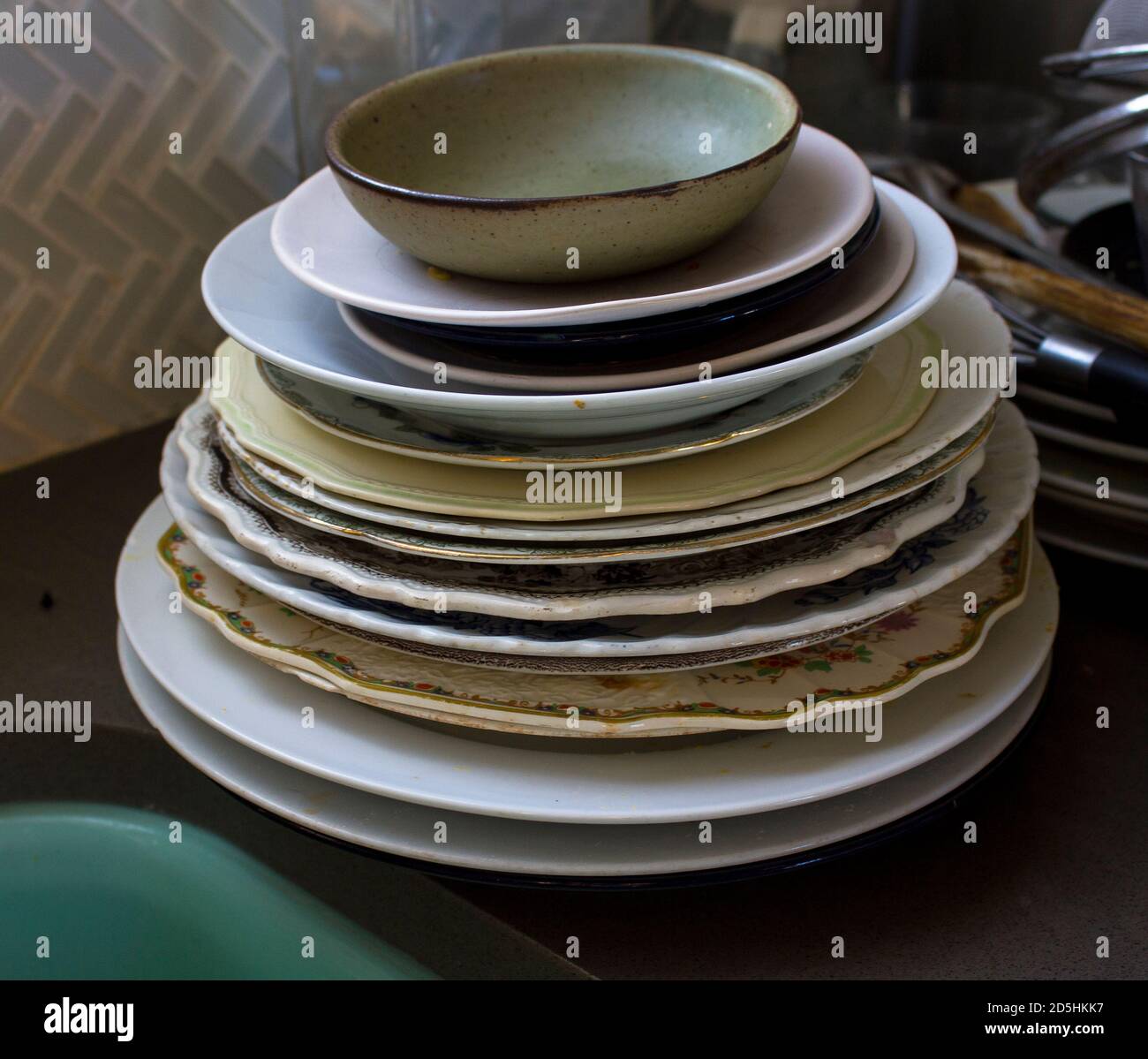 Dirty Dishes and Plates Stacked Stock Photo