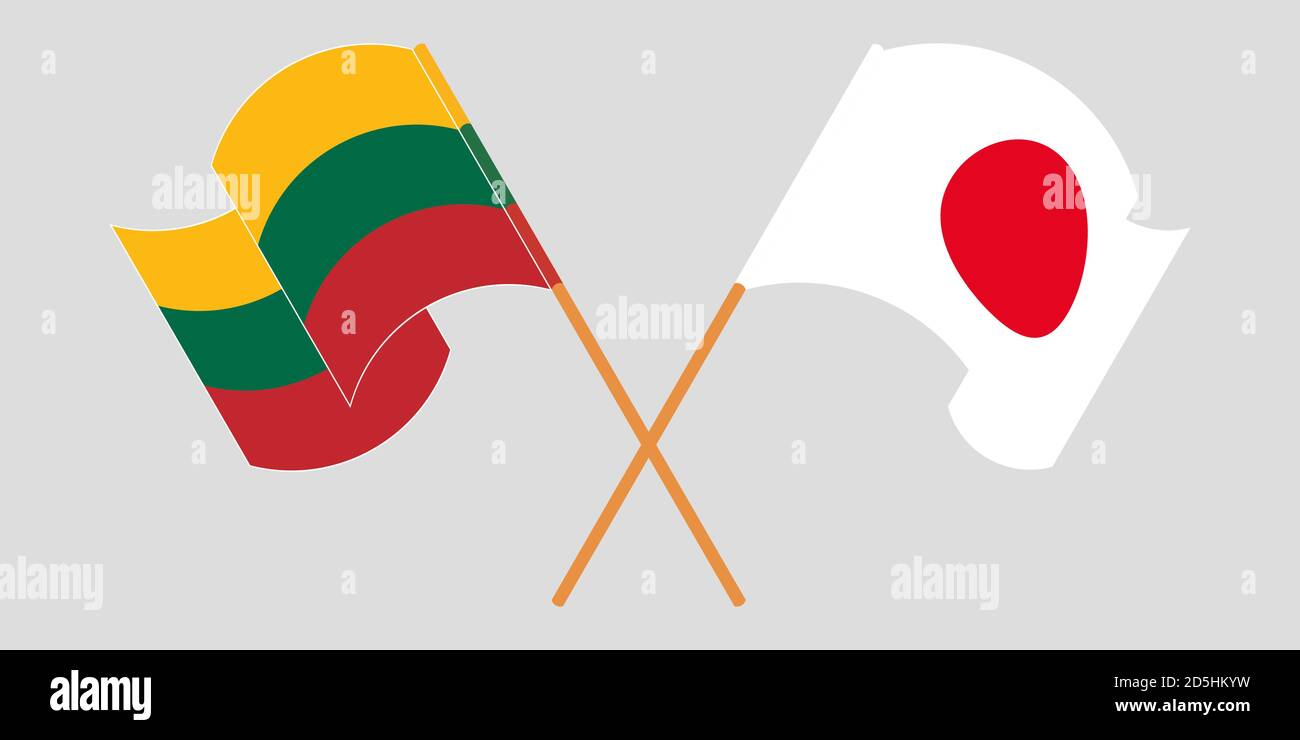 Crossed and waving flags of Lithuania and Japan. Vector illustration Stock Vector