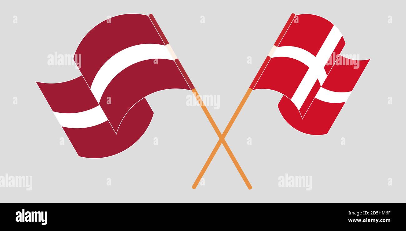 Crossed and waving flags of Latvia and Denmark. Vector illustration
