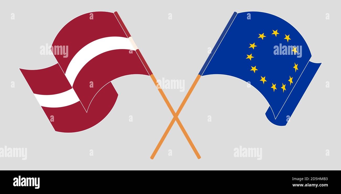 Crossed and waving flags of Latvia and the EU. Vector illustration Stock Vector
