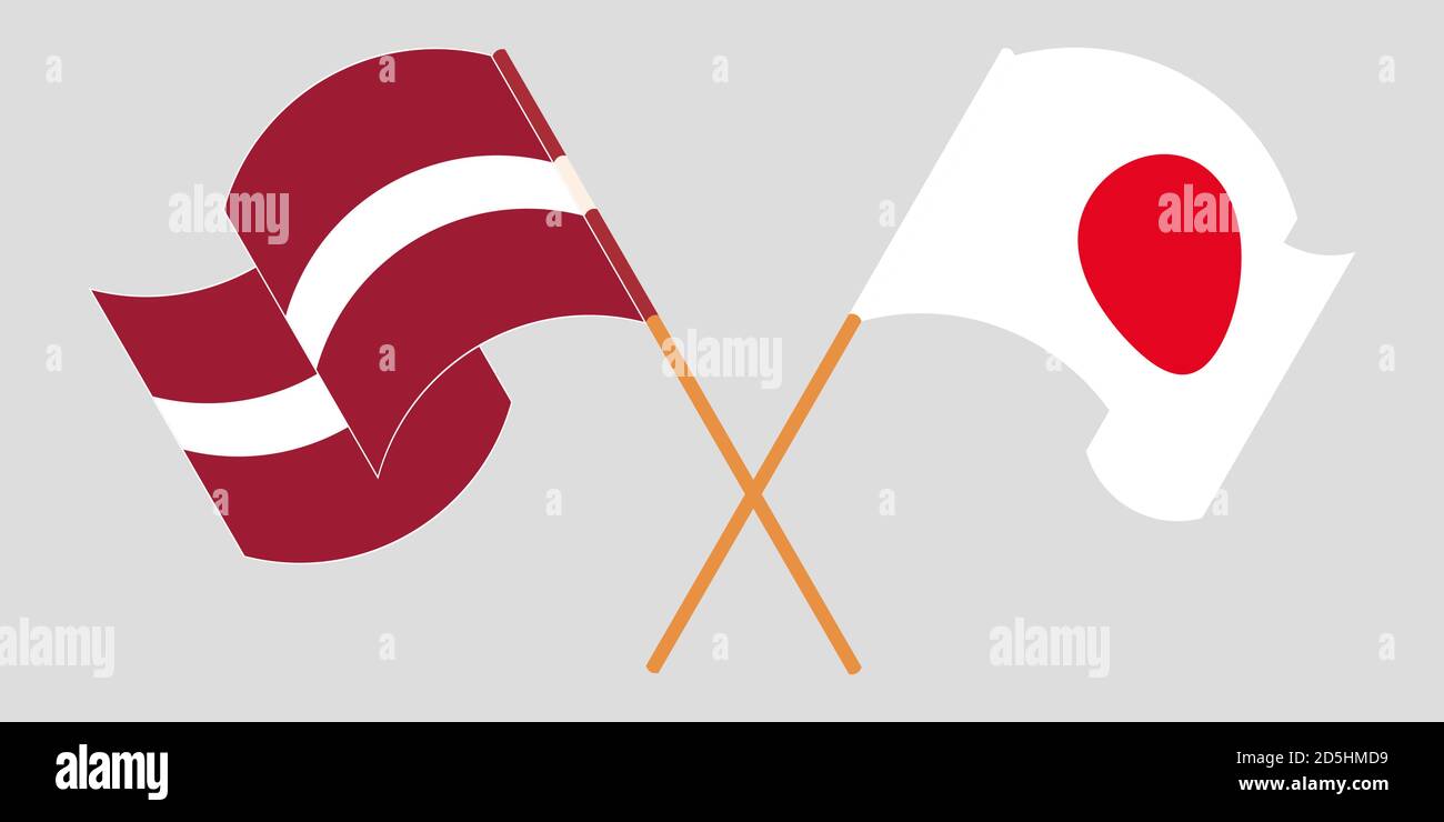 Crossed and waving flags of Latvia and Japan. Vector illustration Stock Vector