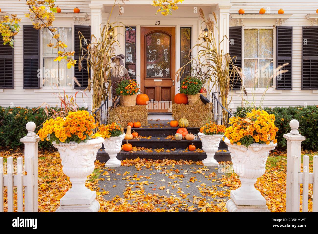 Front porch in autumn, Woodstock, Vermont, USA Stock Photo