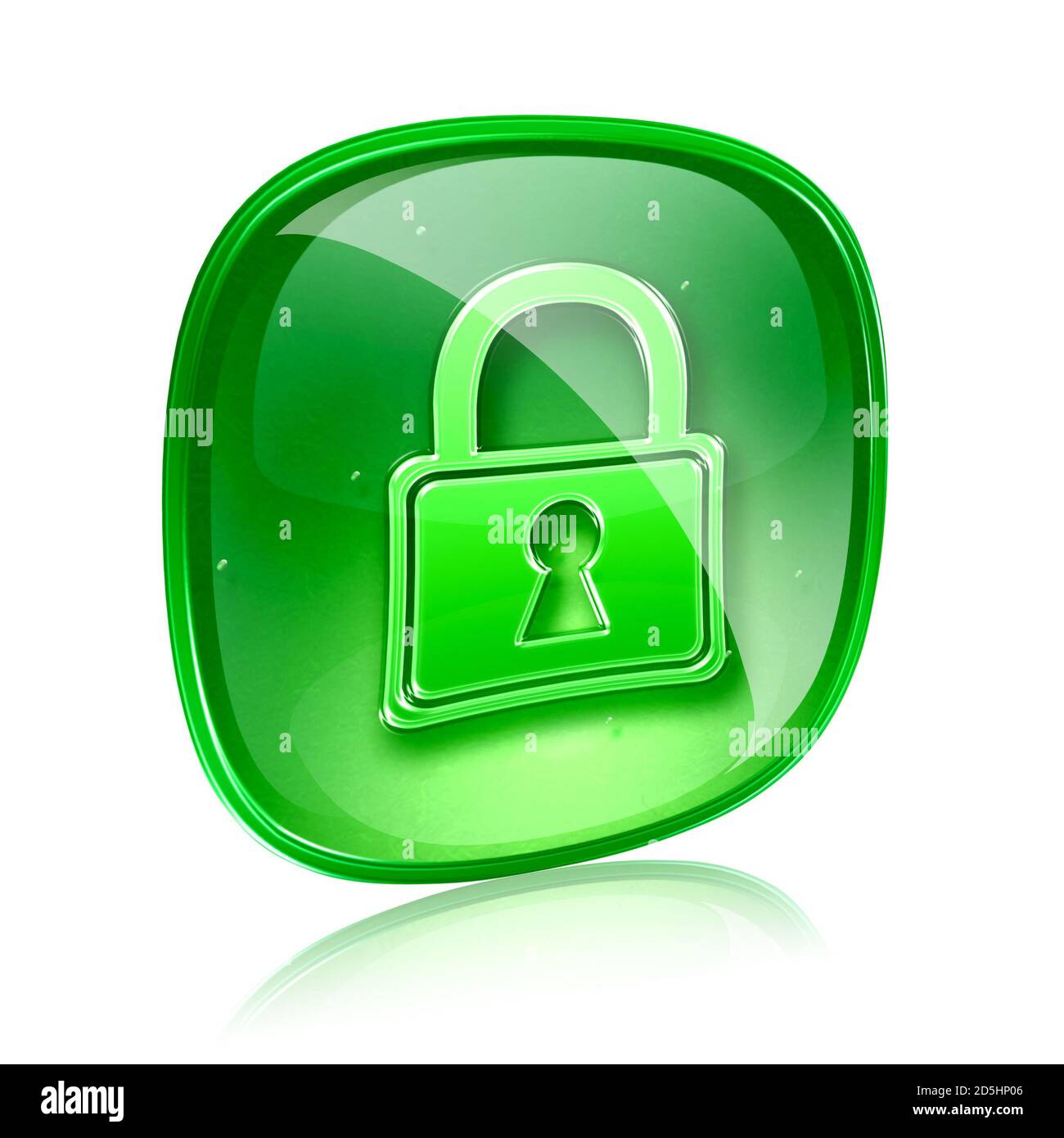 Lock icon green glass, isolated on white background. Stock Photo