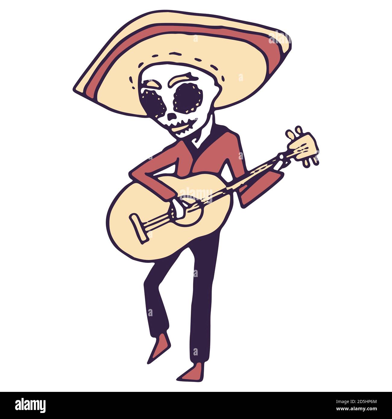 Mexican guitar player on white isolated backdrop. Day of the dead symbol for invitation or gift card, notebook, bath tile, scrapbook Phone case or clo Stock Vector