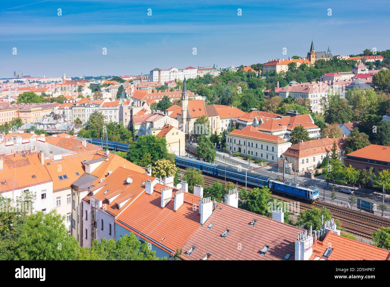 Praha: view from Vysehrad (Wyschehrad) fort to district Nove Mesto, train in Vysehrad, Praha, Prag, Prague, Czech Stock Photo