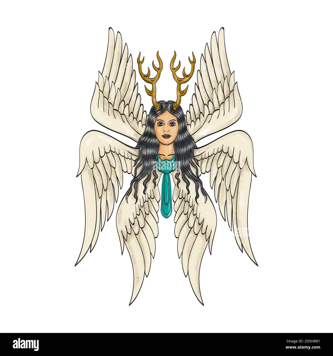 Tattoo style illustration of seraph or seraphim, a six-winged fiery angel with six wings and deer antlers viewed from front done in full color. Stock Photo