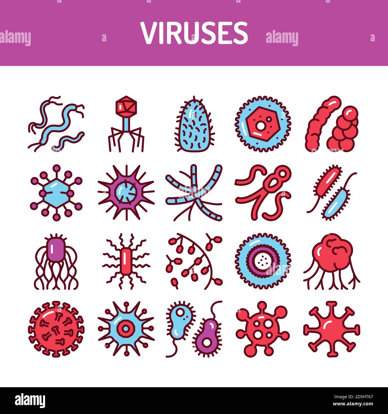 Viruses color line icons set. Vector illustration Stock Vector