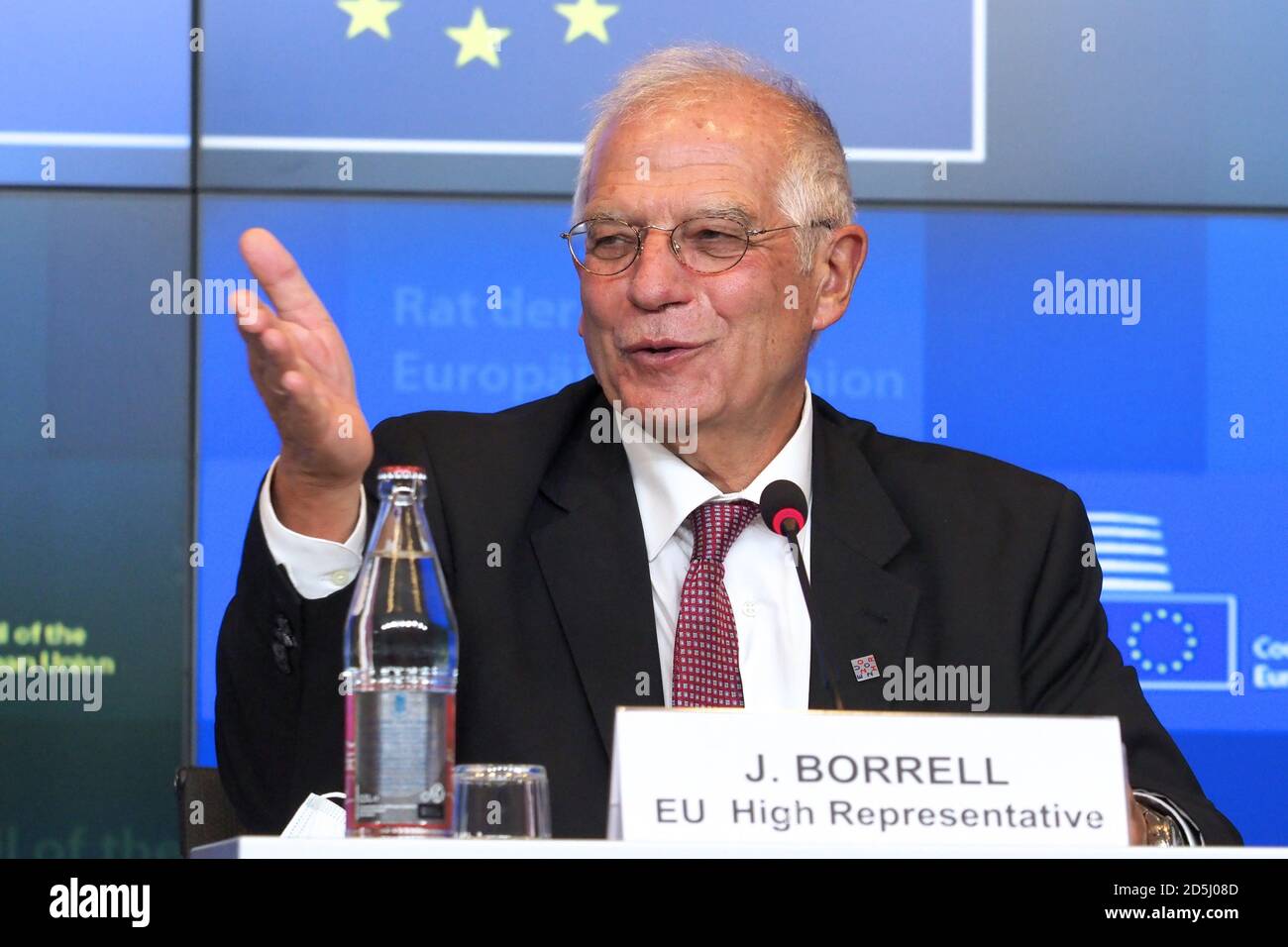 (201013) -- LUXEMBOURG, Oct. 13, 2020 (Xinhua) -- The High Representative of the European Union (EU) for Foreign Affairs and Security Policy Josep Borrell attends a press conference in Luxembourg, on Oct. 12, 2020. Josep Borrell started to self-isolate on Tuesday after one of his entourage tested positive for COVID-19, he announced on Twitter. (European Union/Handout via Xinhua) Stock Photo