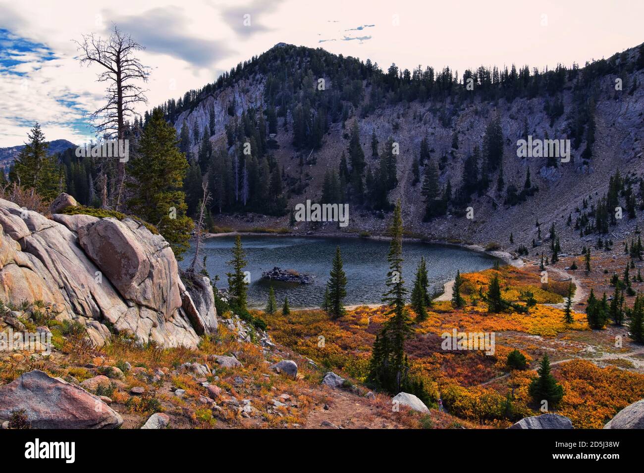 Lake Catherine panorama views from hiking trail to Sunset Peak on the