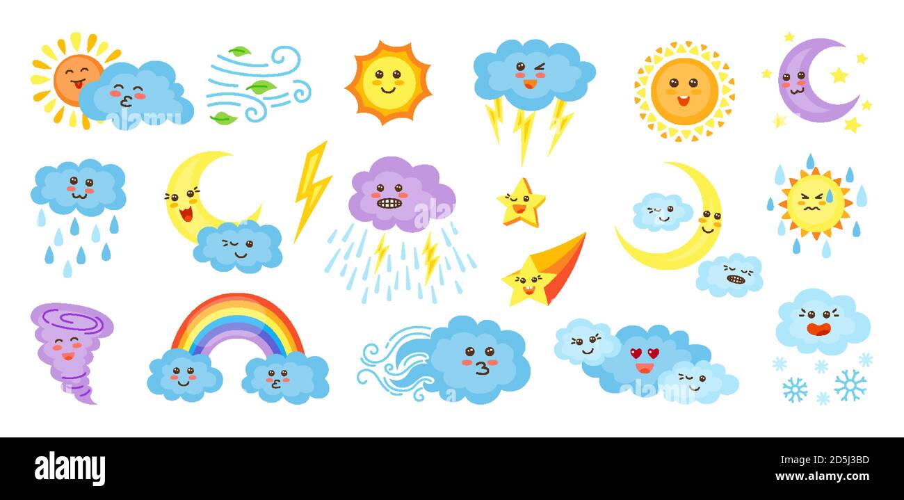 Download Weather Cartoon Characters Set Cute Kawaii Style Emoticons Sun And Clouds Rain Or Snow Lightning Moon Star Rainbow Meteorological Signs With Faces Funny Symbols Forecast Weather Vector Stock Vector Image Art