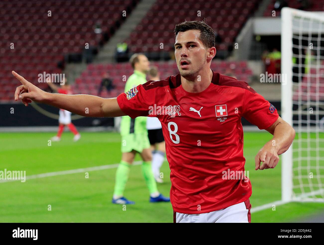 Cologne. 14th Oct, 2020. Remo Freuler of Switzerland celebrates after scoring during the UEFA Nations League match against Germany in Cologne, Germany, Oct. 13, 2020. Credit: Xinhua/Alamy Live News Stock Photo