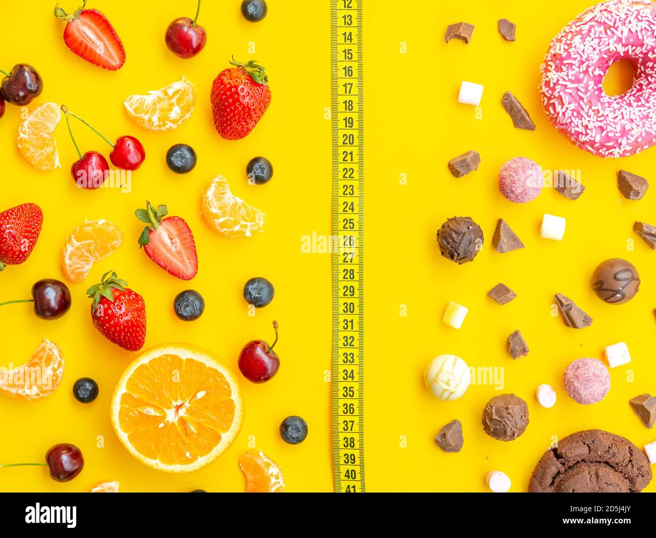 Blueberries strawberries orange cherries vs chocolate doughnut sugar