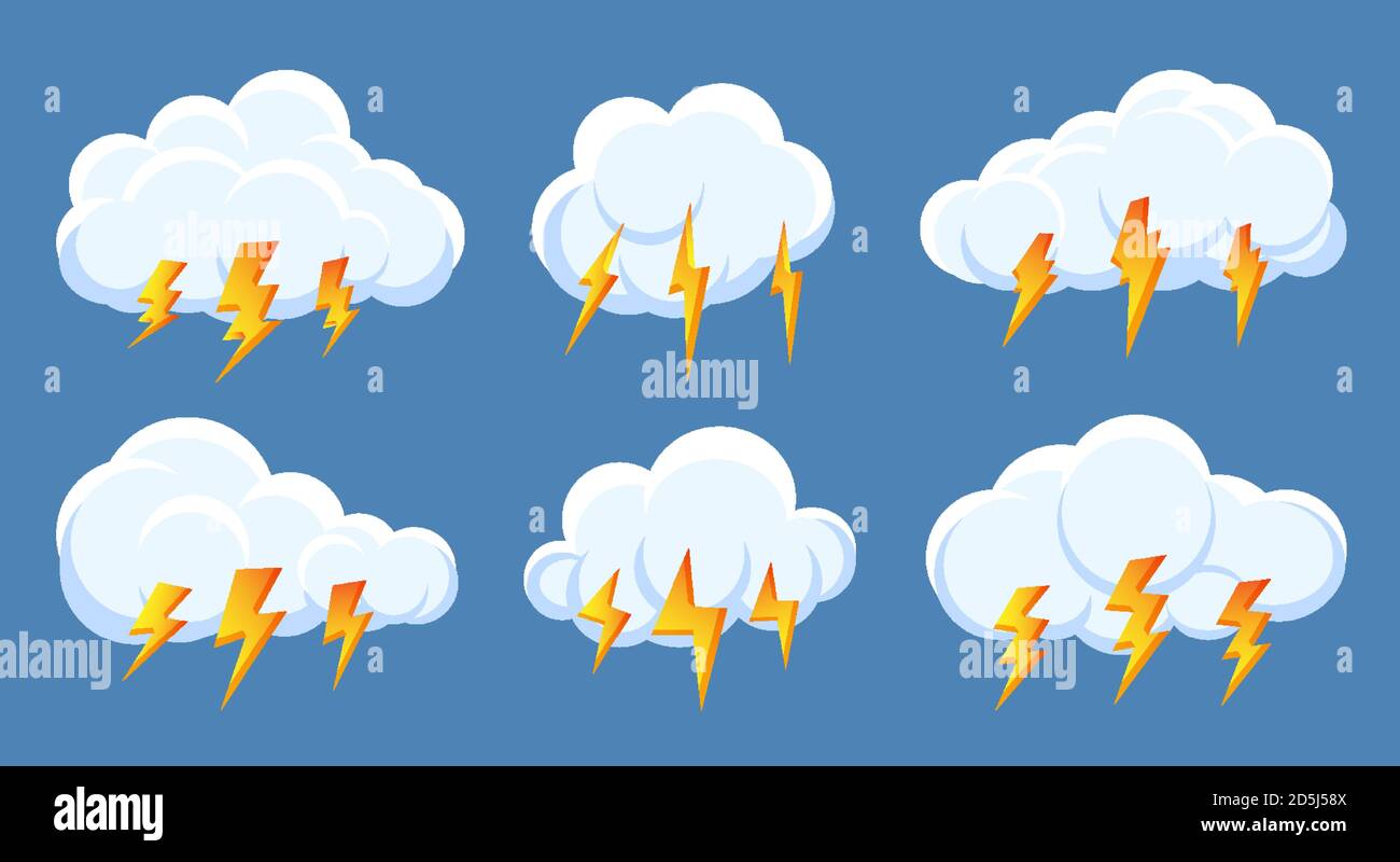 Set of lightning bolt thunderstorm cloud icons. Design symbol weather for web or app. Sign logo storm, thunder and lightnings strike. Different fast shiny shock flash sign Isolated vector illustration Stock Vector