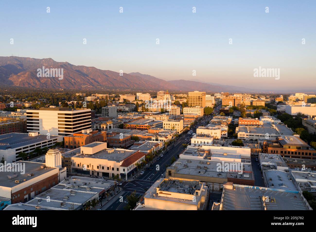 Aerial view above Colorado Boulevard in downtown Pasadena, California at sunset Stock Photo